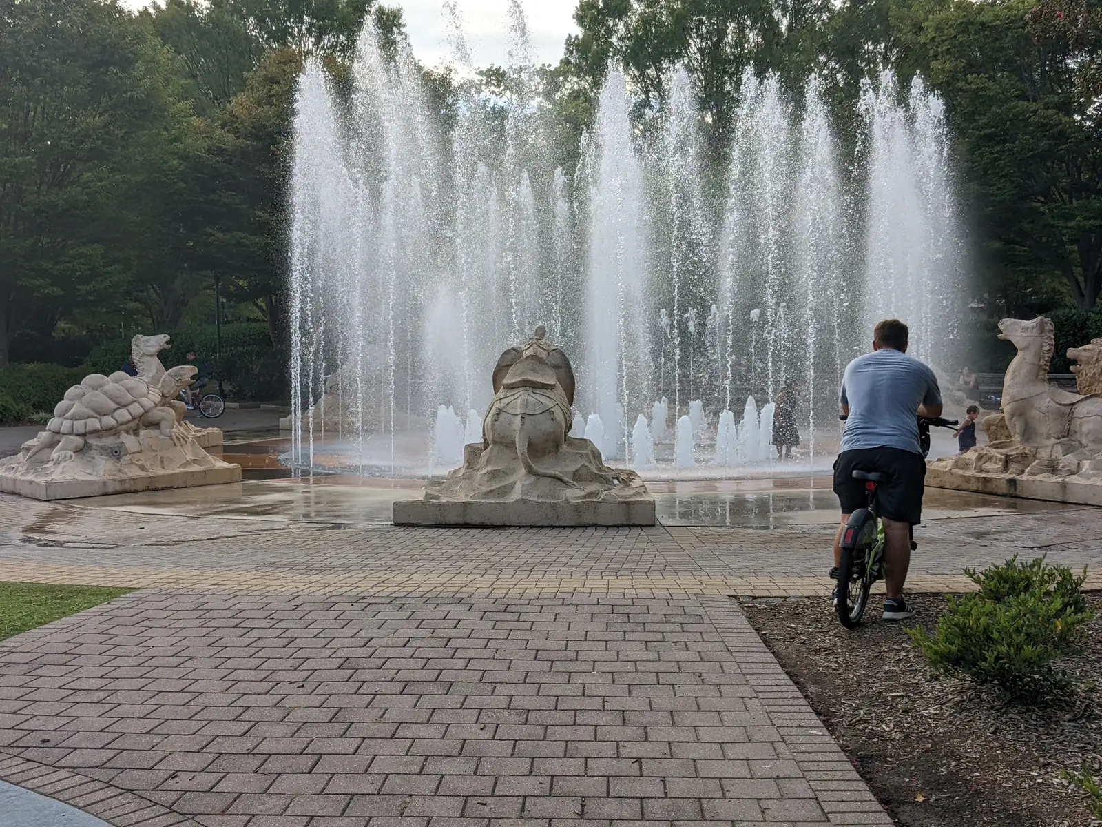The interactive fountain at Coolidge Park, with jets of water and carved stone animal sculptures, a short walk from the Riverwalk on the North Shore