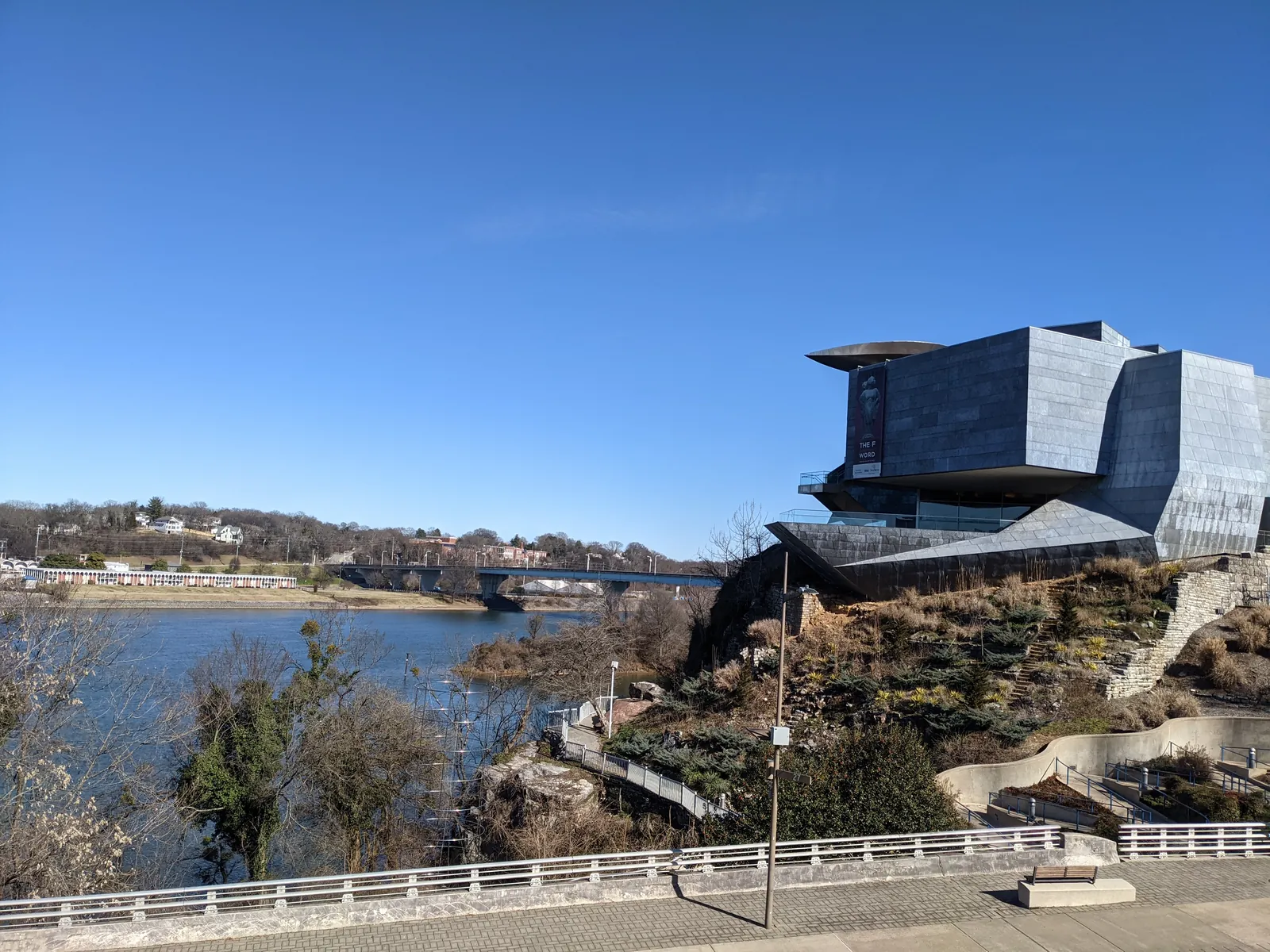 The Hunter Museum of American Art perched on the bluff above the Tennessee River and the Riverwalk in downtown Chattanooga